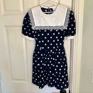 Vintage Sabrina Allyn short‎ puff sleeve navy blue blue polkadot girls dress 12